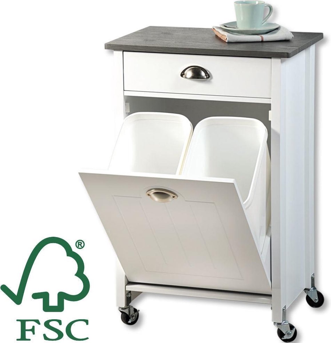 FSC® Mdf houten Keukentrolley Met 2 Prullenbakken & 1 Schuiflade Keukenkast