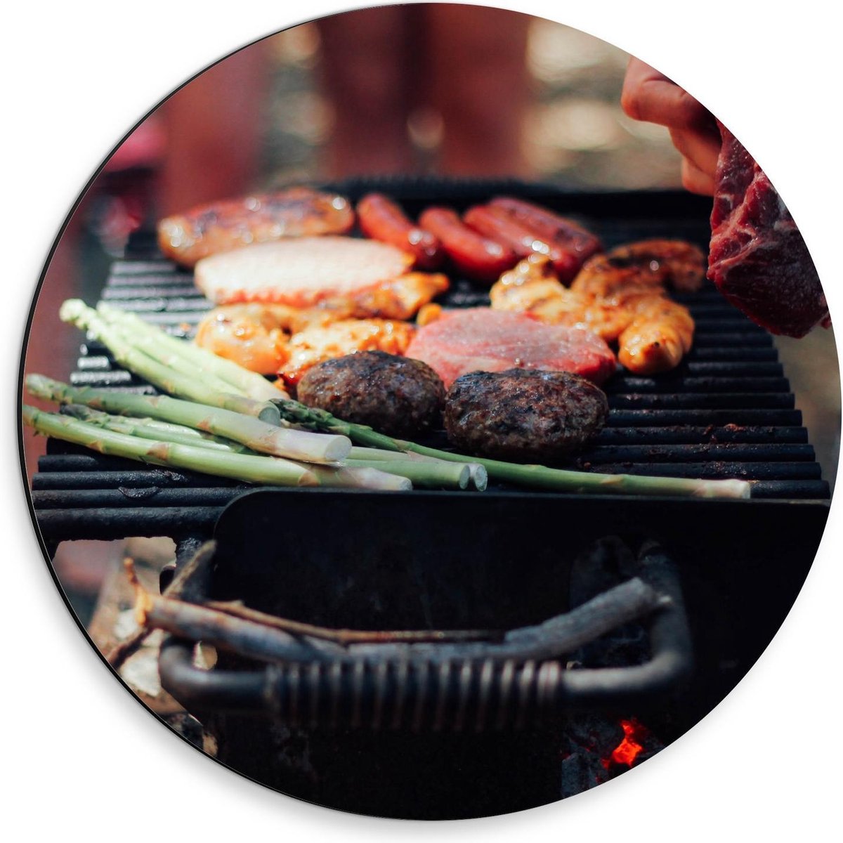 Dibond Wandcirkel - Vlees op de Barbecue - 30x30cm Foto op Aluminium Wandcirkel (met ophan