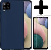 Samsung A12 Hoesje Siliconen Case Donker Blauw Met Screenprotector - Samsung Galaxy A12 Hoesje Donkerblauw Siliconen Case Cover - Samsung A12 Hoes Siliconen Met Screenprotector