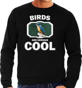 Dieren vogels sweater zwart heren - birds are serious cool trui - cadeau sweater ijsvogel zittend/ vogels liefhebber S