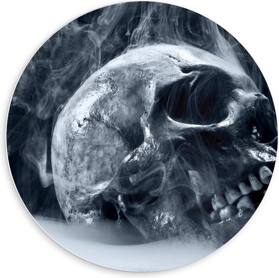 Forex Wandcirkel - Rokende Doodskop (zwart/wit) - 60x60cm Foto op Wandcirkel (met ophangsysteem)