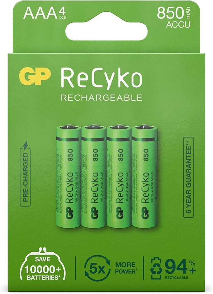 GP ReCyko Rechargeable AAA batterijen - Oplaadbare batterijen AAA (850mAh) - 4 stuks