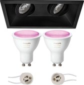 Pragmi Zano Pro - Inbouw Rechthoek Dubbel - Mat Zwart - Kantelbaar - 185x93mm - Philips Hue - LED Spot Set GU10 - White and Color Ambiance - Bluetooth