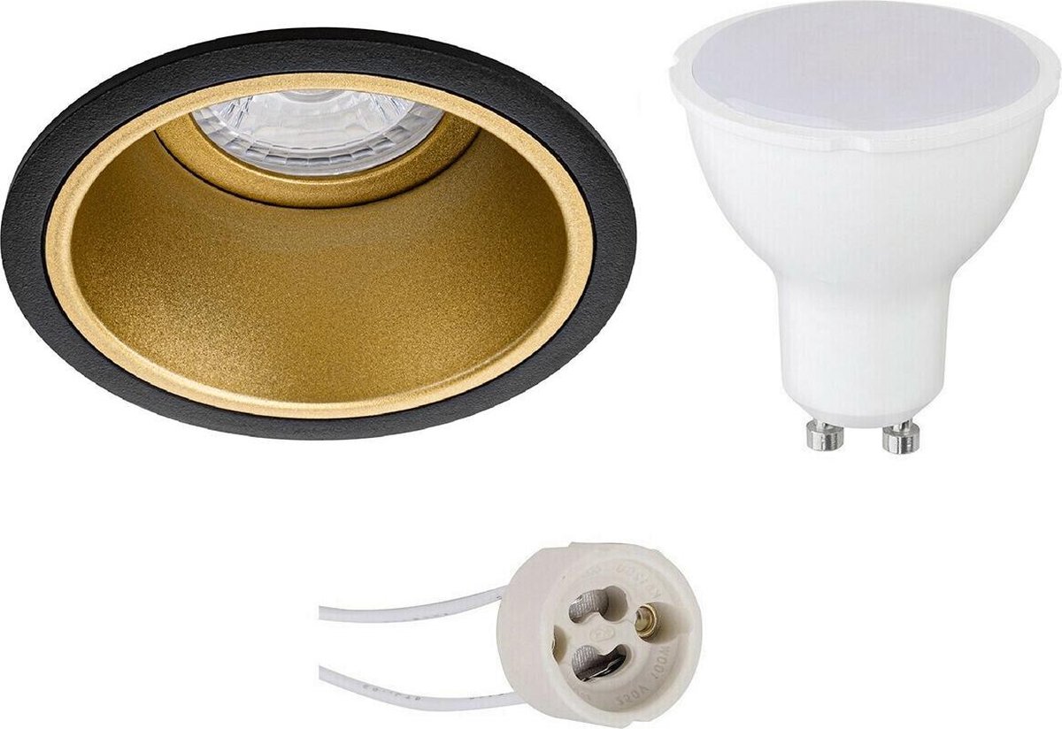 GU10 Inbouwspot Set - Mat Zwart/Goud - Inbouw Rond - Verdiept - Pragmi Minko Pro - 4W - Warm Wit 3000K - Ø90mm