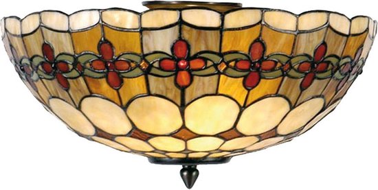 LumiLamp Plafondlamp Tiffany Ø 40x24 cm Beige Rood Metaal Glas Halfrond Roos Plafonniere