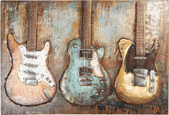 Clayre & Eef Peinture en métal 120x80 cm Marron Beige Fer Rectangle Guitares Décoration des murs