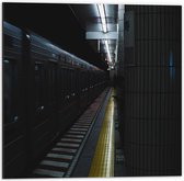 Dibond - Metrostation met Rijdende Metro en Man - 50x50cm Foto op Aluminium (Met Ophangsysteem)