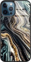 iPhone 12 hoesje glas - Marmer swirl - Hard Case - Zwart - Backcover - Marmer - Blauw