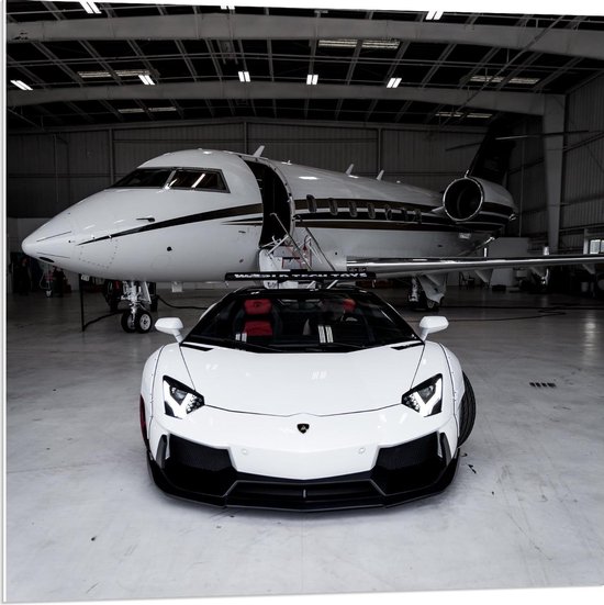 Forex - Lamborghini Witte et Avion Privé - Photo 80x80cm sur Forex 