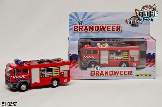 Kids Globe Metalen brandweerauto met licht en geluid - Speelgoedvoertuig: 13 cm