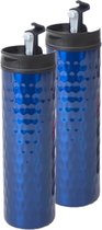 Set van 2x stuks blauwe RVS thermosfles/isoleerkan 400 ml - Thermosflessen en isoleerkannen voor warme / koude dranken onderweg