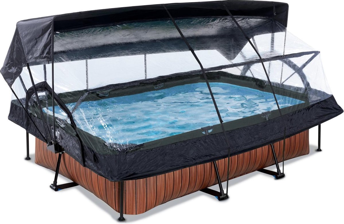 EXIT Wood zwembad 220x150x65cm met overkapping, schaduwdoek en filterpomp - bruin