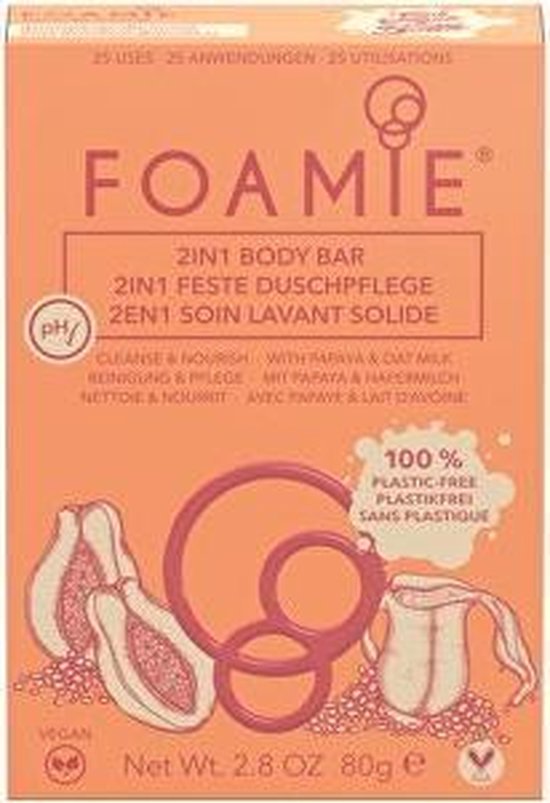 Foamie 2-in-1 body bar verpakking met papaya en havermelk. Dermatologisch getest. 100% plasticvrij.
