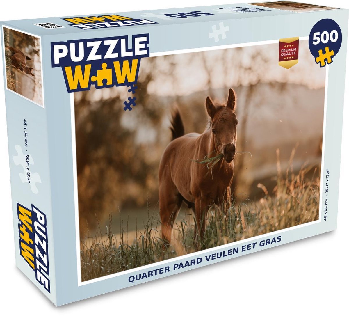 Afbeelding van product Puzzel 500 stukjes Quarter Paard - Quarter paard veulen eet gras puzzel 500 stukjes - PuzzleWow heeft +100000 puzzels