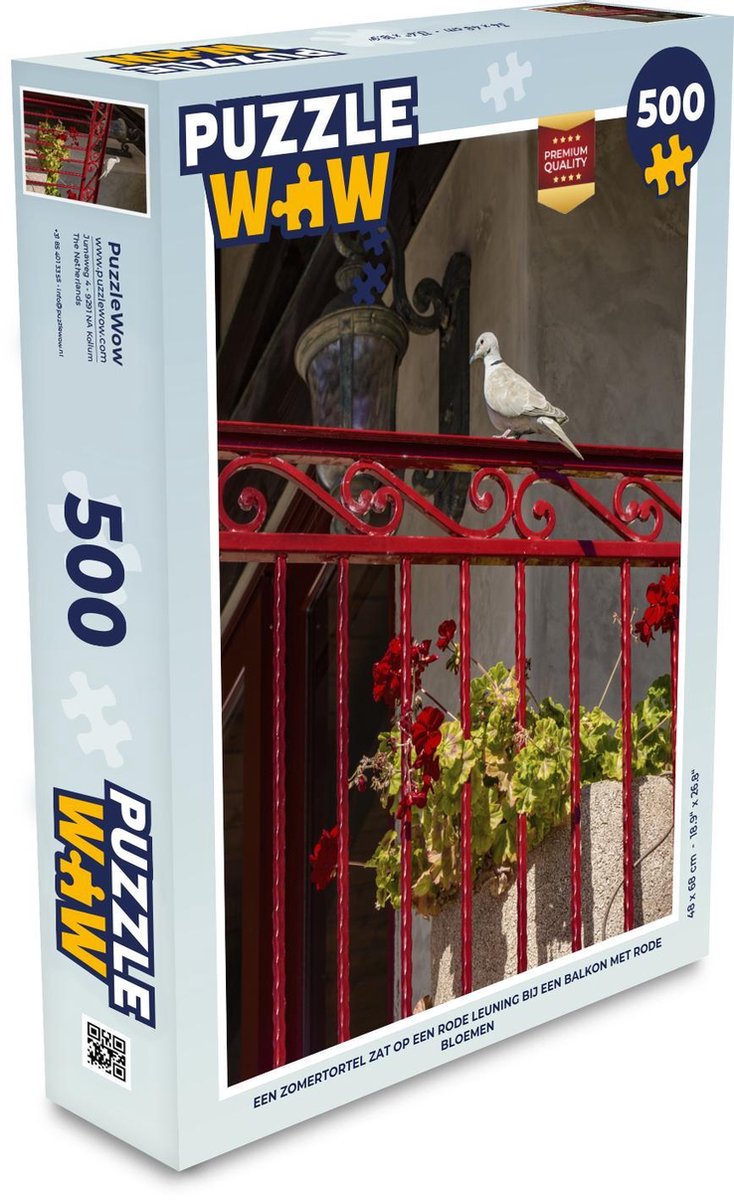 Afbeelding van product Puzzel 500 stukjes Zomertortel - Een zomertortel zat op een rode leuning bij een balkon met rode bloemen - PuzzleWow heeft +100000 puzzels