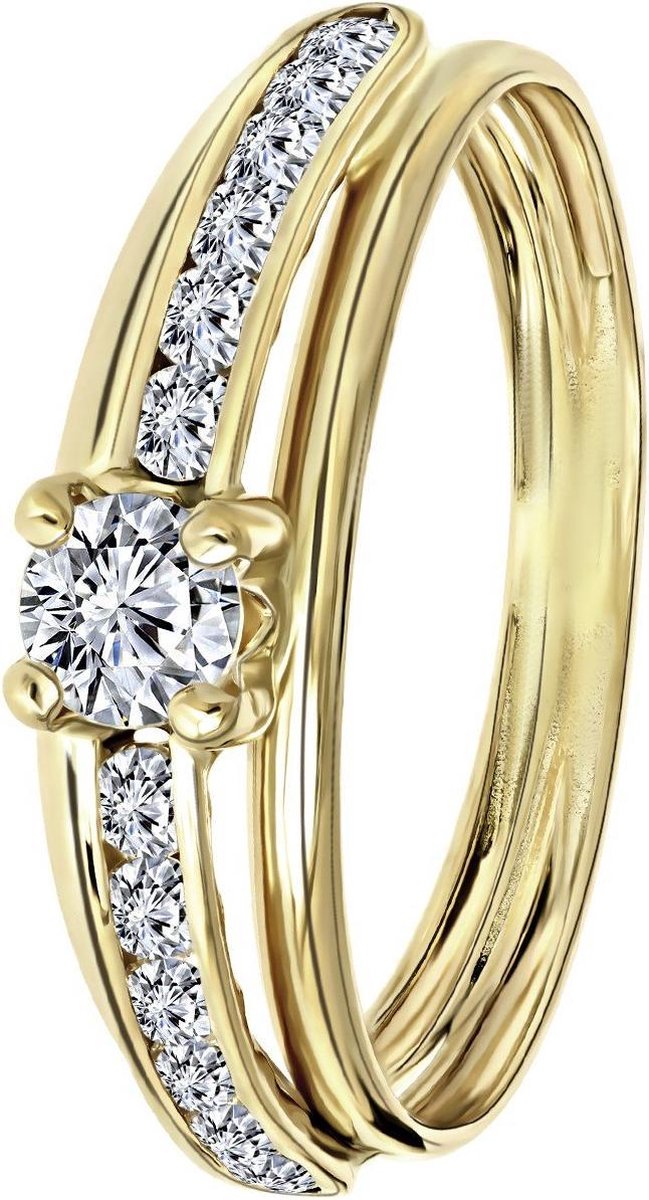 Lucardi Dames Ring met zirkonia - Ring - Cadeau - 14 Karaat Goud - Geelgoud
