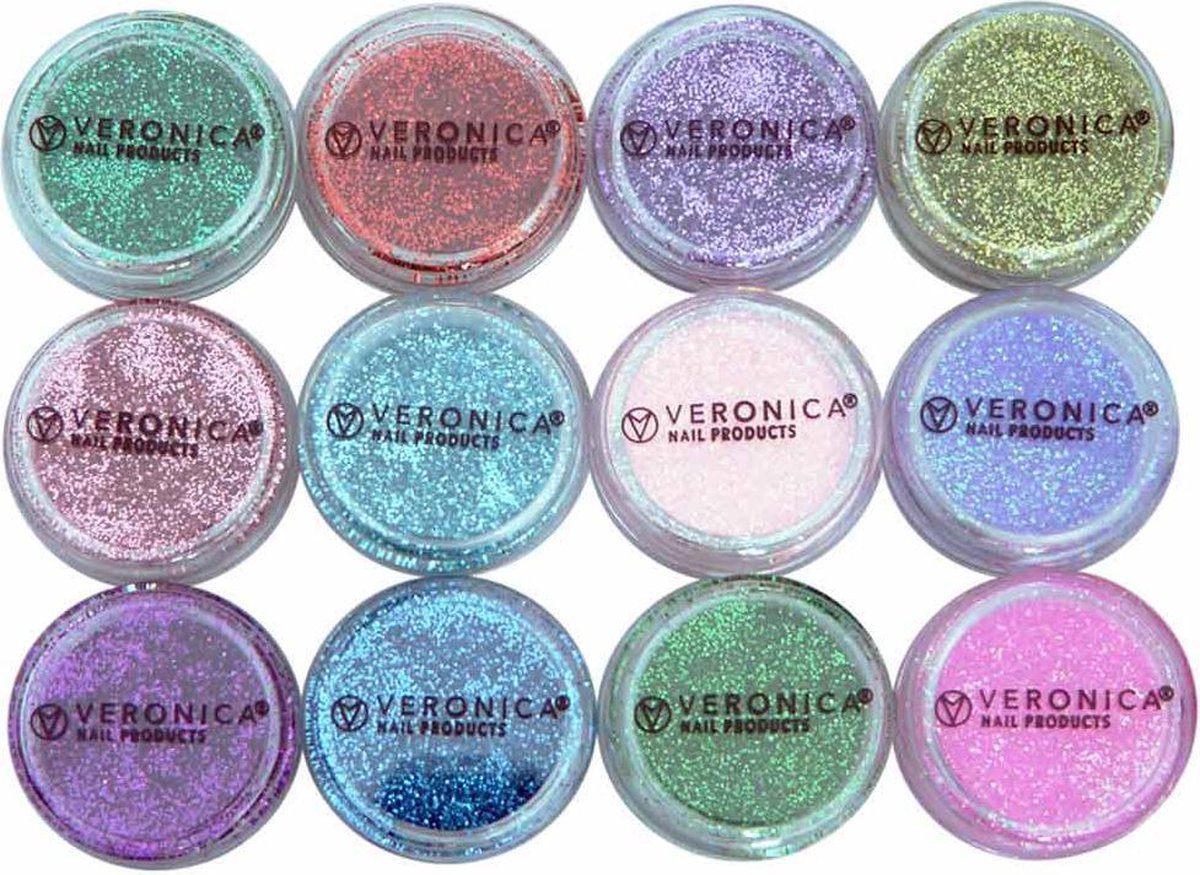 Goedkoopste Glim nail art glitter poeder- 12 stuks - glitter topcoat / gel / gelnagellak / acryl maken