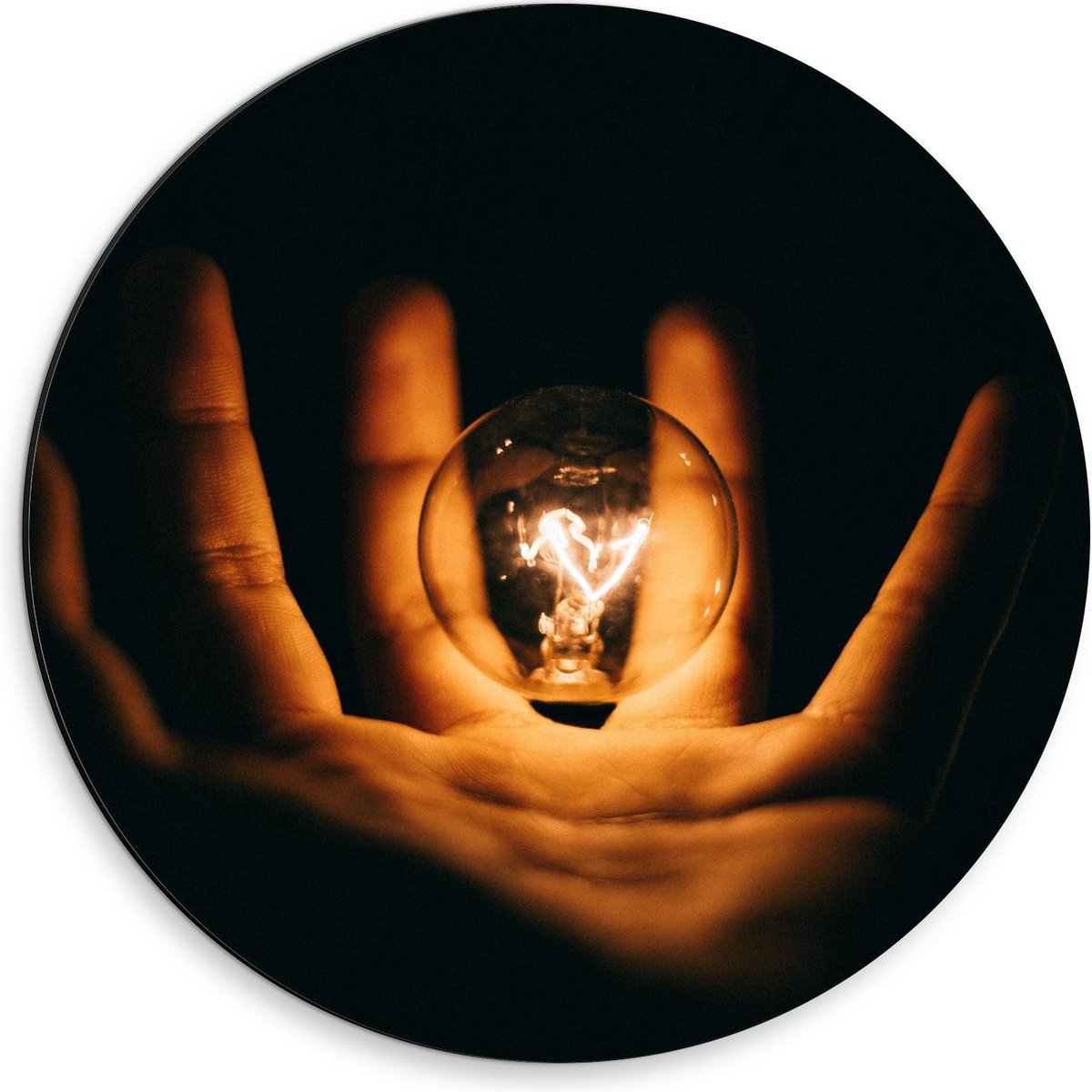 Dibond Wandcirkel - Lichtgevende Gloeilamp in Handen met Zwarte Achtergrond - 30x30cm Foto