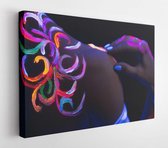 Sensual hands and shoulders of young woman with fluorescent make-up, colorful creative prints on body glows in UV light. isolated dark space - Modern Art Canvas - Horizontal - 1688
