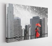 Fantasy illustration with milky way, stars. Landscape view of the city area. I'm painting New York. Skyscrapers and sky. Man and woman under a red umbrella  - Modern Art Canvas - H