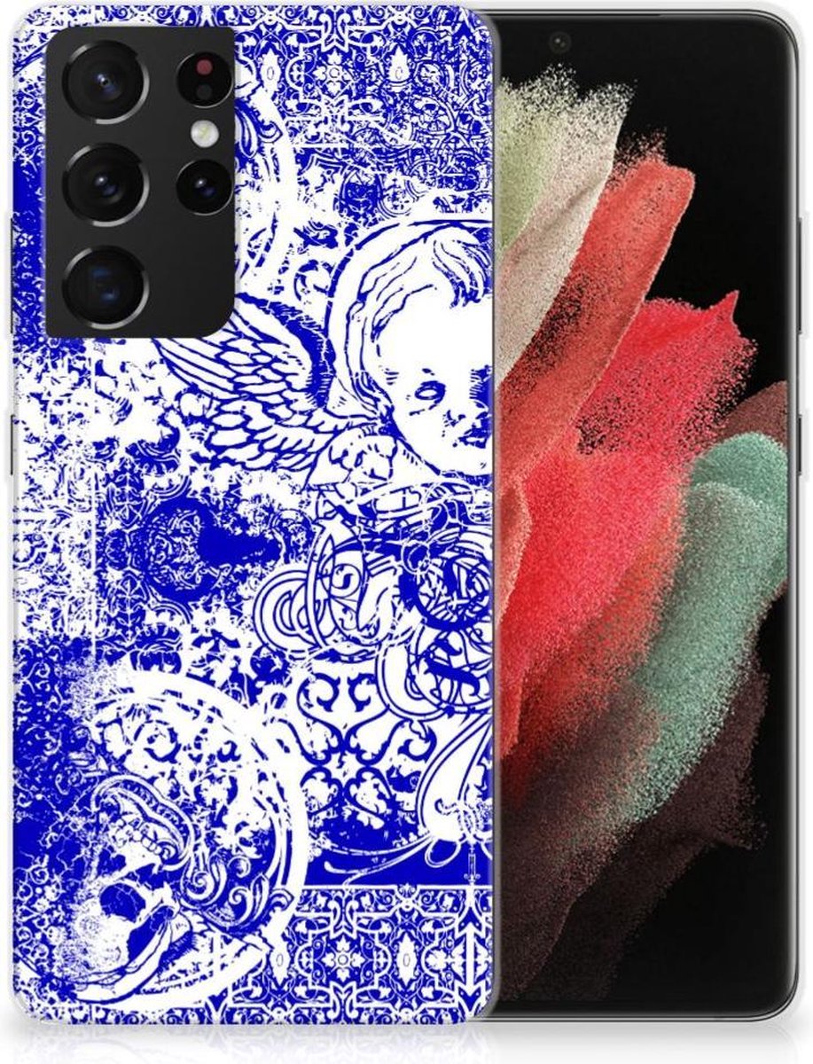 Silicone Back Case Samsung Galaxy S21 Ultra Angel Skull Blauw