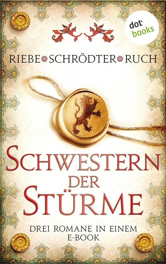 Couverture du livre "Schwestern der Stürme" avec un sceau doré et une image de lion.