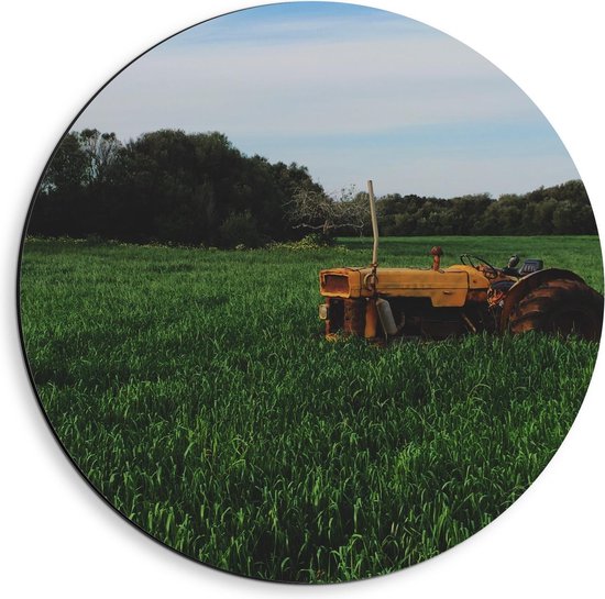 Dibond Wandcirkel - Tractor in Grasveld - 40x40cm Foto op Aluminium Wandcirkel (met ophangsysteem)