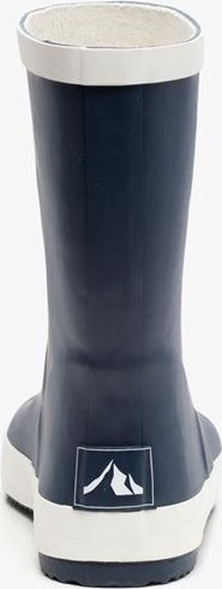 Vue arrière d'une botte de pluie bleu foncé avec arrière beige et logo de montagne.