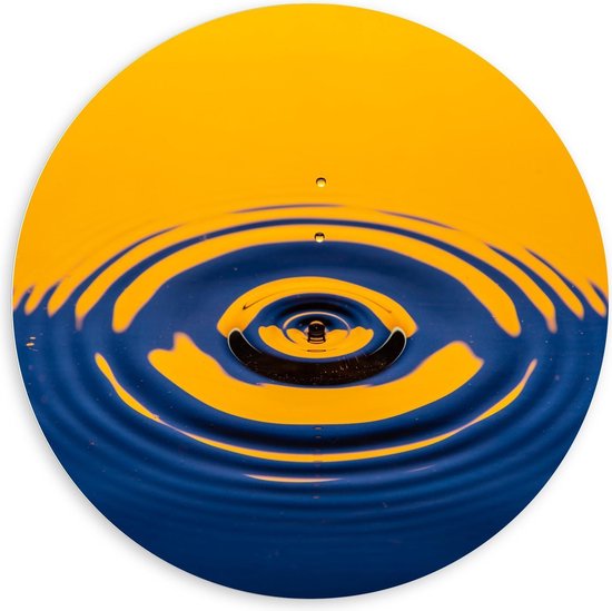 Forex Wandcirkel - Druppel in Blauw-Geel Gekleurd water - 120x120cm Foto op Wandcirkel (met ophangsysteem)