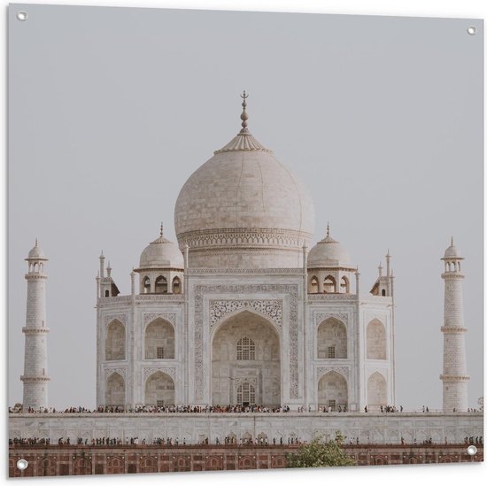 Tuinposter –  Mausoleum Taj Mahal met Grijze Lucht - 100x100cm Foto op Tuinposter  (wanddecoratie voor buiten en binnen)