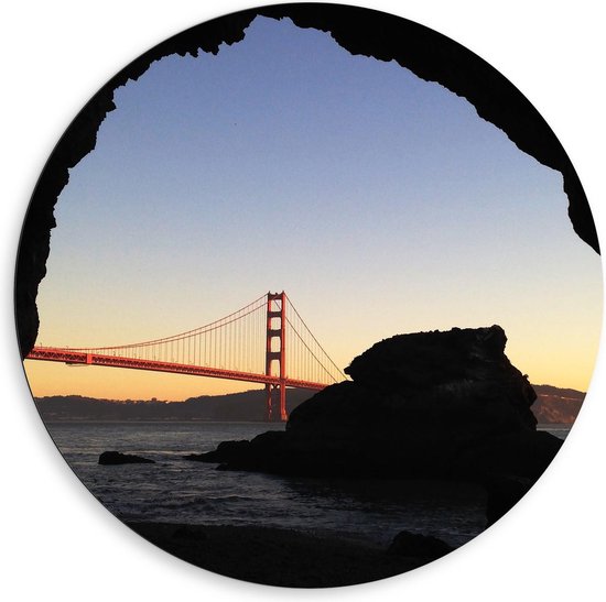 Dibond Wandcirkel - Golden Gate Bridge met Zonsondergang - 80x80cm Foto op Aluminium Wandcirkel (met ophangsysteem)