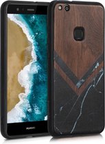 kwmobile telefoonhoesje geschikt voorHuawei P10 Lite - Hoesje met bumper - walnoothout - In zwart / wit / donkerbruin Hout Glory Marmer design