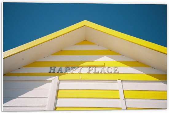 Forex - ''Happy Place'' op Geel Strandhutje - 60x40cm Foto op Forex