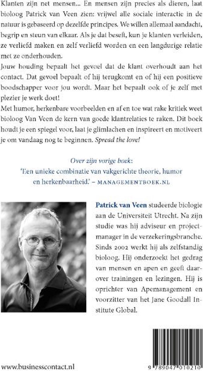 Achterkant boek met foto van Patrick Van Veen, bioloog, en tekst over klantrelaties.