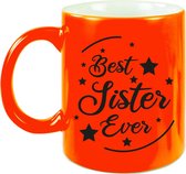 Best Sister Ever cadeau mok / beker - neon oranje - 330 ml - verjaardag / bedankje - kado voor zus / zusje