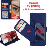 EmpX.nl Huawei Y7 (2019) Donker Blauw Boekhoesje en 2x Screen Protector | Portemonnee Book Case | Met Multi Stand Functie | Kaarthouder Card Case | Beschermhoes Sleeve | Met Pasjeshouder & Ma