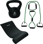 Tunturi - Fitness Set - Kettlebell 4 kg - Fitnessmat 160 x 60 x 0,7 cm - Tubing Set Groen