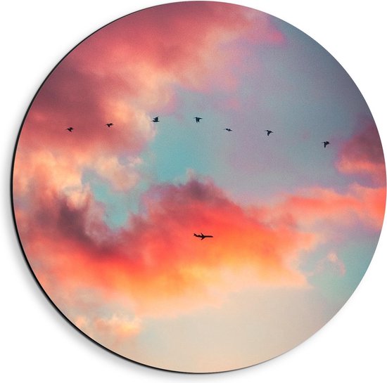 Dibond Wandcirkel - Vogels bij Pastelkleurige Wolken  - 40x40cm Foto op Aluminium Wandcirkel (met ophangsysteem)
