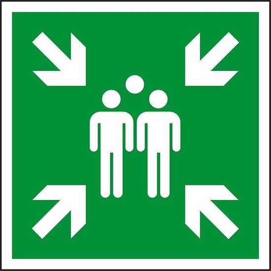 Groen verzamelplaats bord met witte pictogrammen van twee mensen en vier pijlen die naar het midden wijzen.