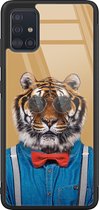 Samsung A71 hoesje glas - Tijger hipster - Hard Case - Zwart - Backcover - Print / Illustratie - Multi