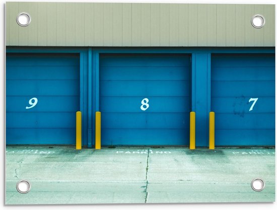 Tuinposter – Garage Deuren Blauw met Cijfers - 40x30cm Foto op Tuinposter  (wanddecoratie voor buiten en binnen)