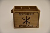 Teksten - Bestekbakje Hout "kitchen Storage" Leren Greep 17x12,5x12,5c