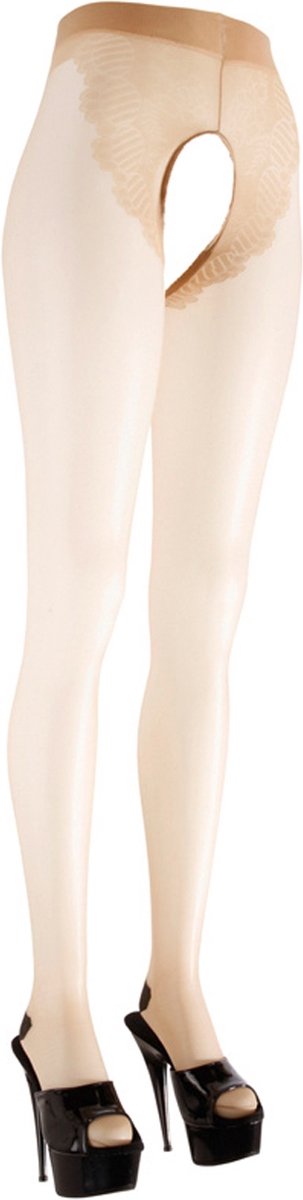Goedkoopste Cottelli Collection – Nude Panty met Open Kruis en Zwart Stiksel Motief – Maat XS – Zwart