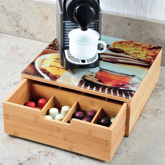 Support machine à café & porte capsule café en 1 - Bambou - 8 compartiments  - 30 x 31