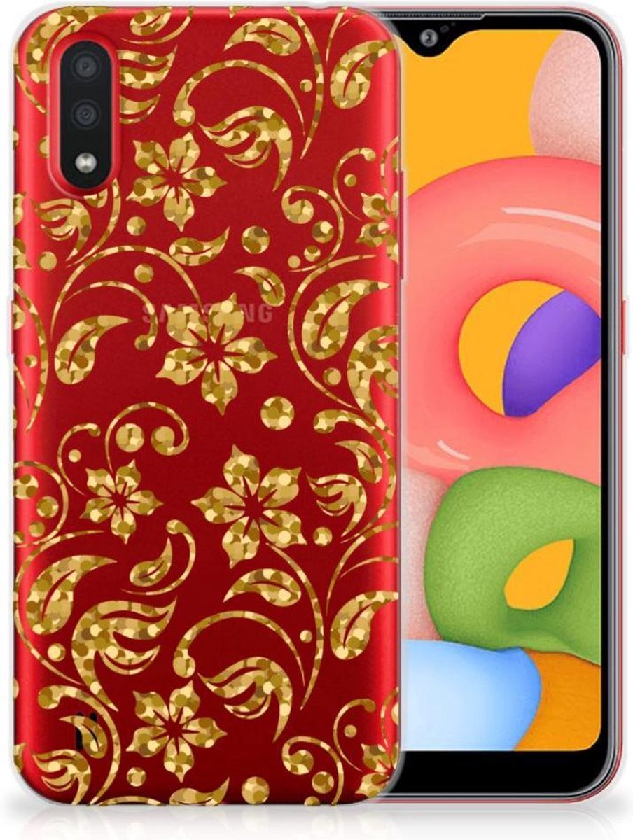 Samsung Galaxy A01 TPU Case Gouden Bloemen