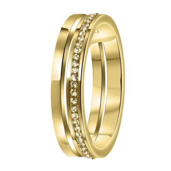 Bague dorée avec deux anneaux, dont un serti de petites pierres colorées.