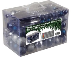 4seasonz Plastic Kerstballen - set 130 ballen - incl. piek en snoer - Zilver/Staalblauw