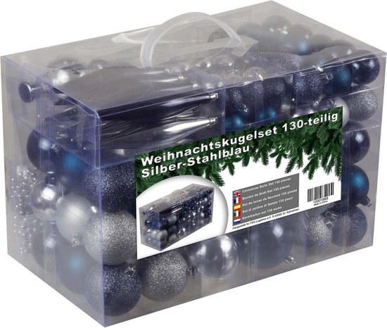 4seasonz Plastic Kerstballen - set 130 ballen - incl. piek en snoer - Zilver/Staalblauw