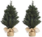 2x Groene kunst kerstbomen/kerstboompjes 45 cm met jute zak/kluit - Kerstversieringen/kerstdecoraties
