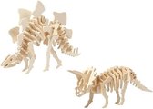 2x Bouwpakketten hout Stegosaurus en Triceratops dinosaurus - 3D puzzel dino speelgoed